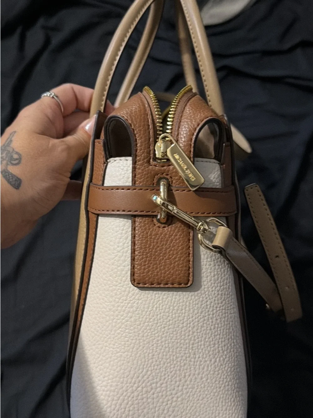Michael Kors Beige, Brown & White Leather Satchel with Gold Logo Charm